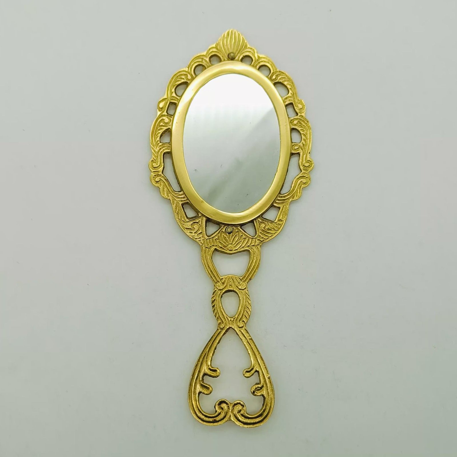 Traditional Brass Golden Hand Mirror – Vintage Handcrafted Décor for Home & Vishu Kani - Large